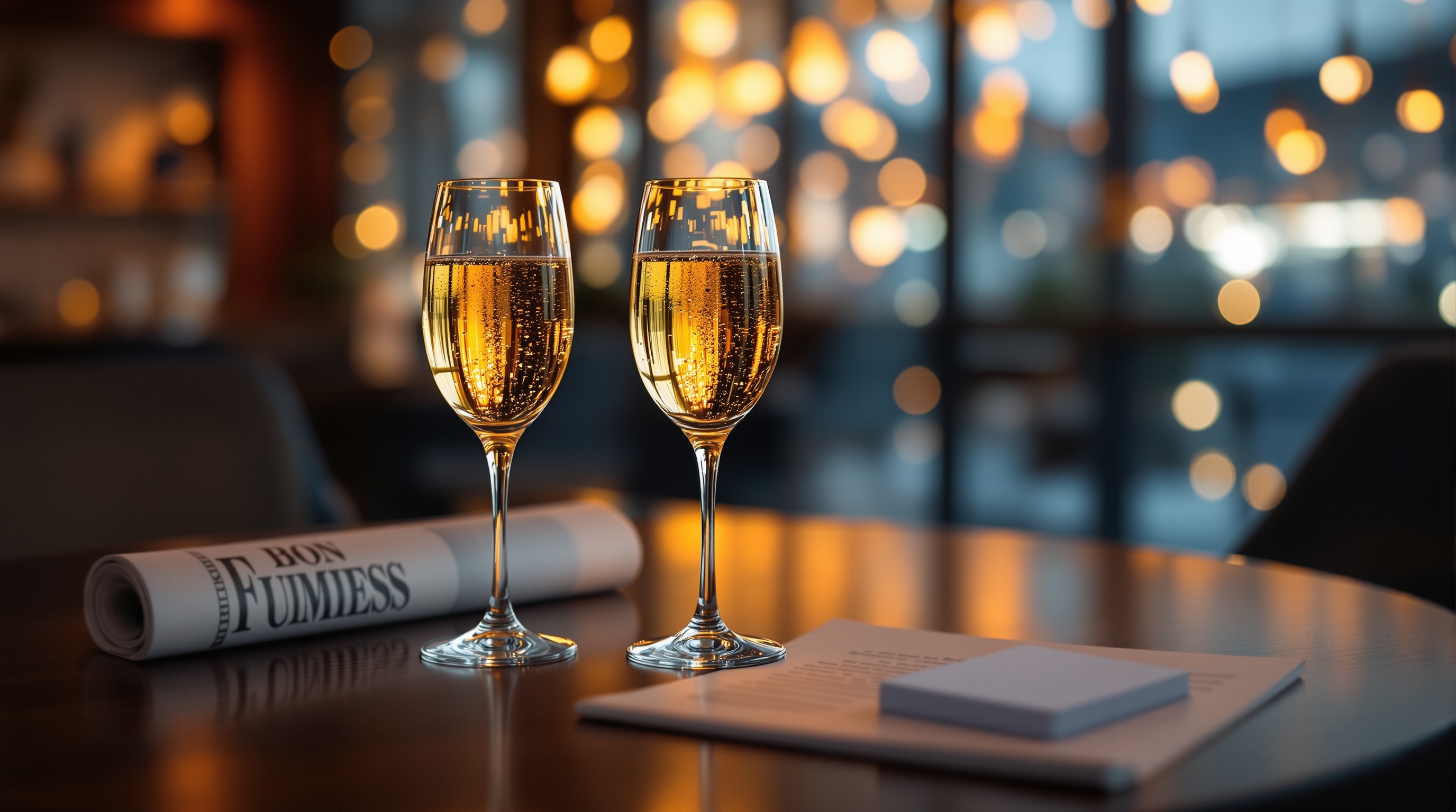 夜の交流会の会場イメージ。乾杯のためのグラスと、折りたたんだ新聞、テーブルに置かれた名刺。落ち着いたネイビーとゴールドの上品な雰囲気。